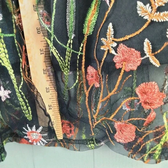 Fairy Grunge Black Mesh Dress S/M Embroidered Flowers Whimsigoth Garden Party - Picture 9 of 10